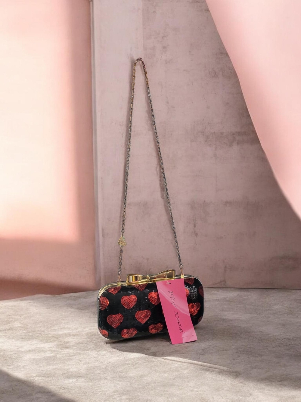 Betsey Johnson Black Clutch with Red Heart Print and Gold Chain